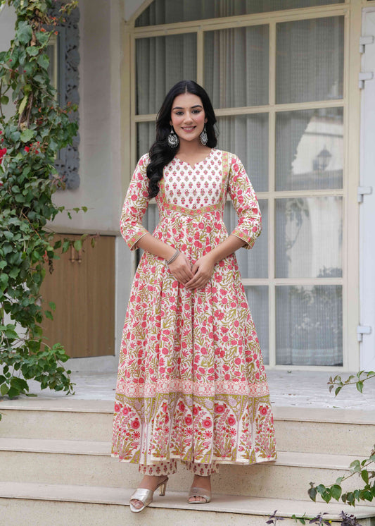 White Floral Printed Anarkali Kurta Set with Dupatta