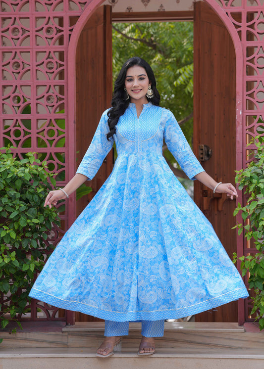 Blue Floral Printed Anarkali Kurta Set with Dupatta