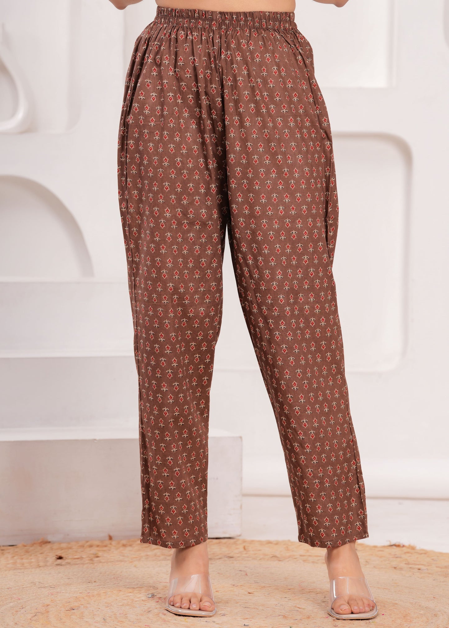 Brown Floral Printed Anarkali Kurta Set with Dupatta