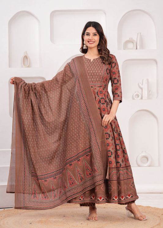 Brown Floral Printed Anarkali Kurta Set with Dupatta