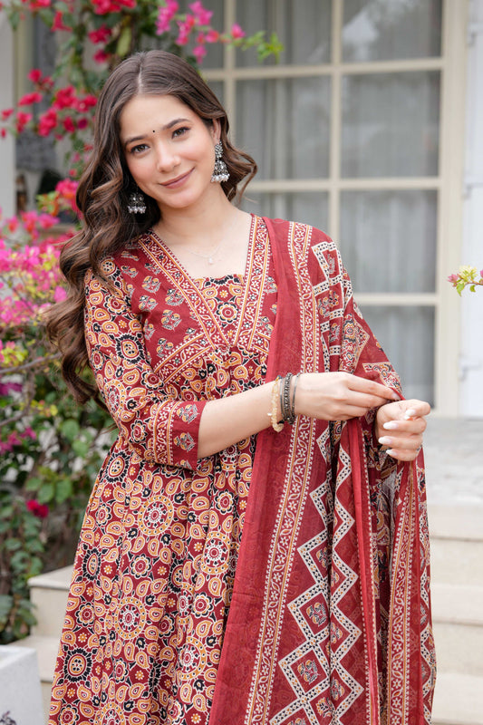 Maroon Floral Printed Anarkali Kurta Set with Dupatta