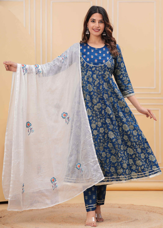 Blue Floral Printed Anarkali Kurta Set with Dupatta