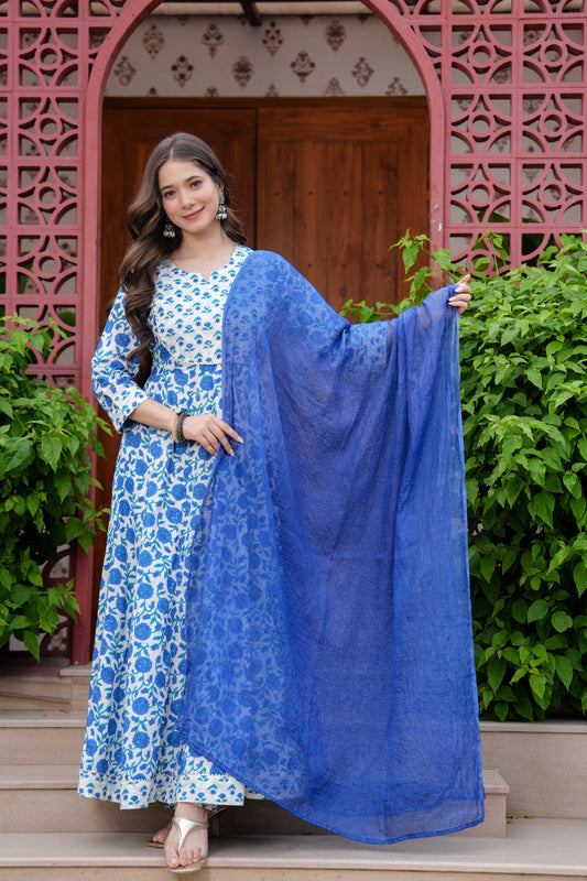 Blue Floral Printed Anarkali Kurta Set with Dupatta