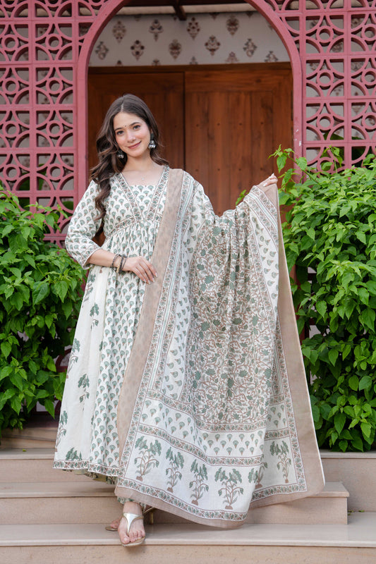 Off-White Floral Printed Anarkali Kurta Set with Dupatta