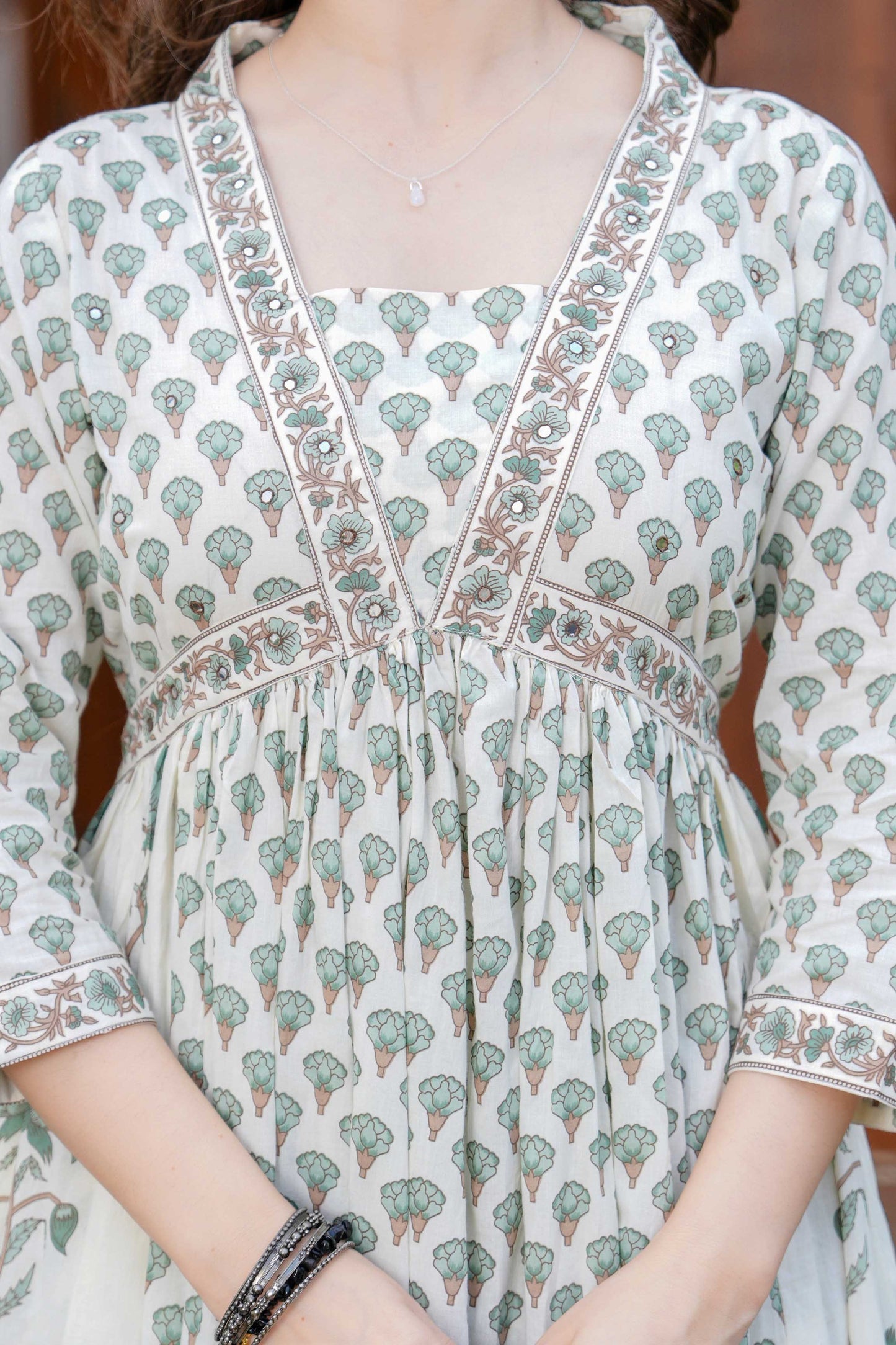 Off-White Floral Printed Anarkali Kurta Set with Dupatta