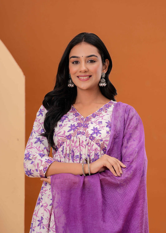 Floral Printed Empire V-Neck Pure Cotton A-Line Kurta With Trousers & Dupatta