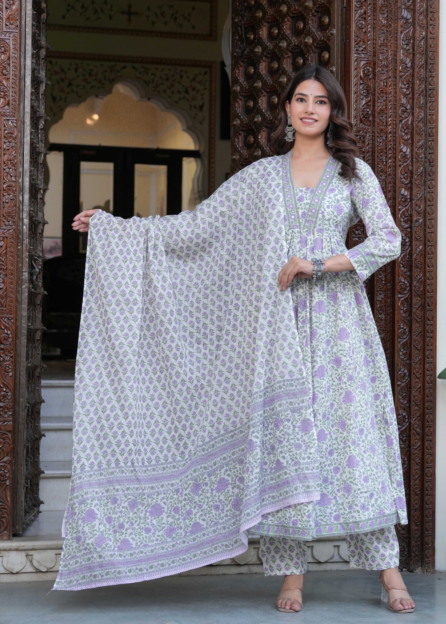 Women Floral Printed Layered Pure Cotton Kurta with Trousers & With Dupatta