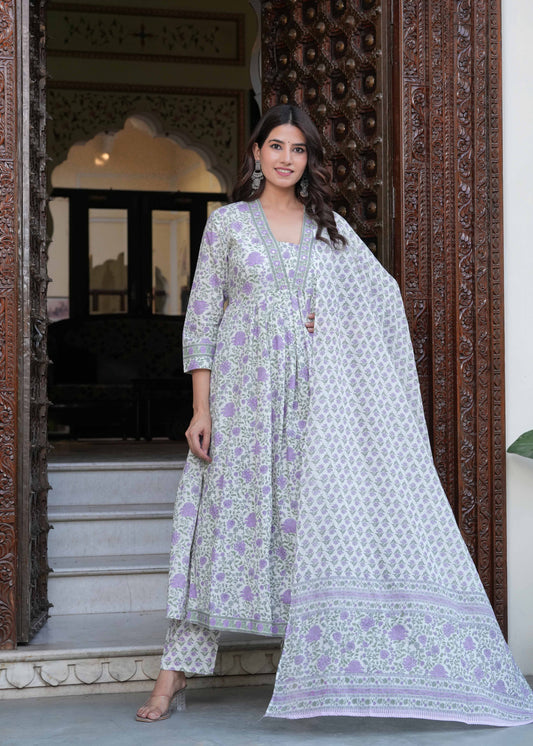 Women Floral Printed Layered Pure Cotton Kurta with Trousers & With Dupatta