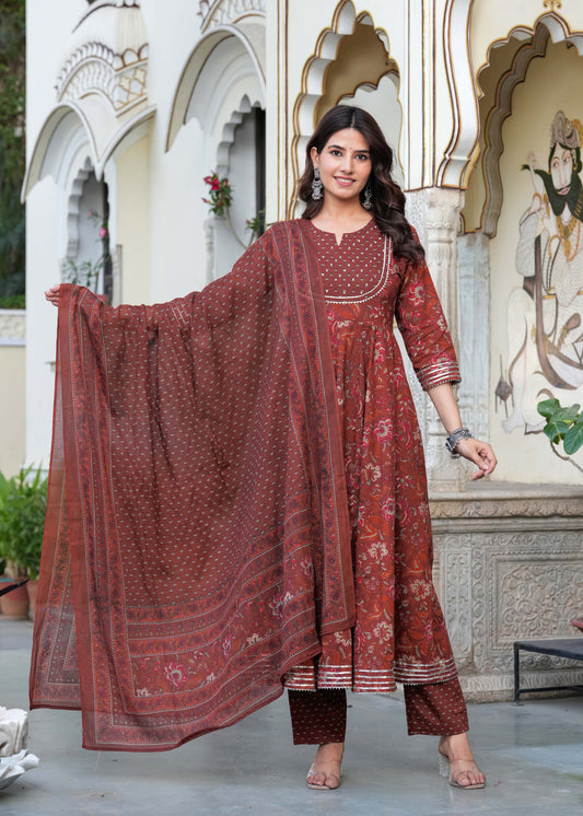 Women Floral Printed Cotton Kurta with Trousers & Dupatta