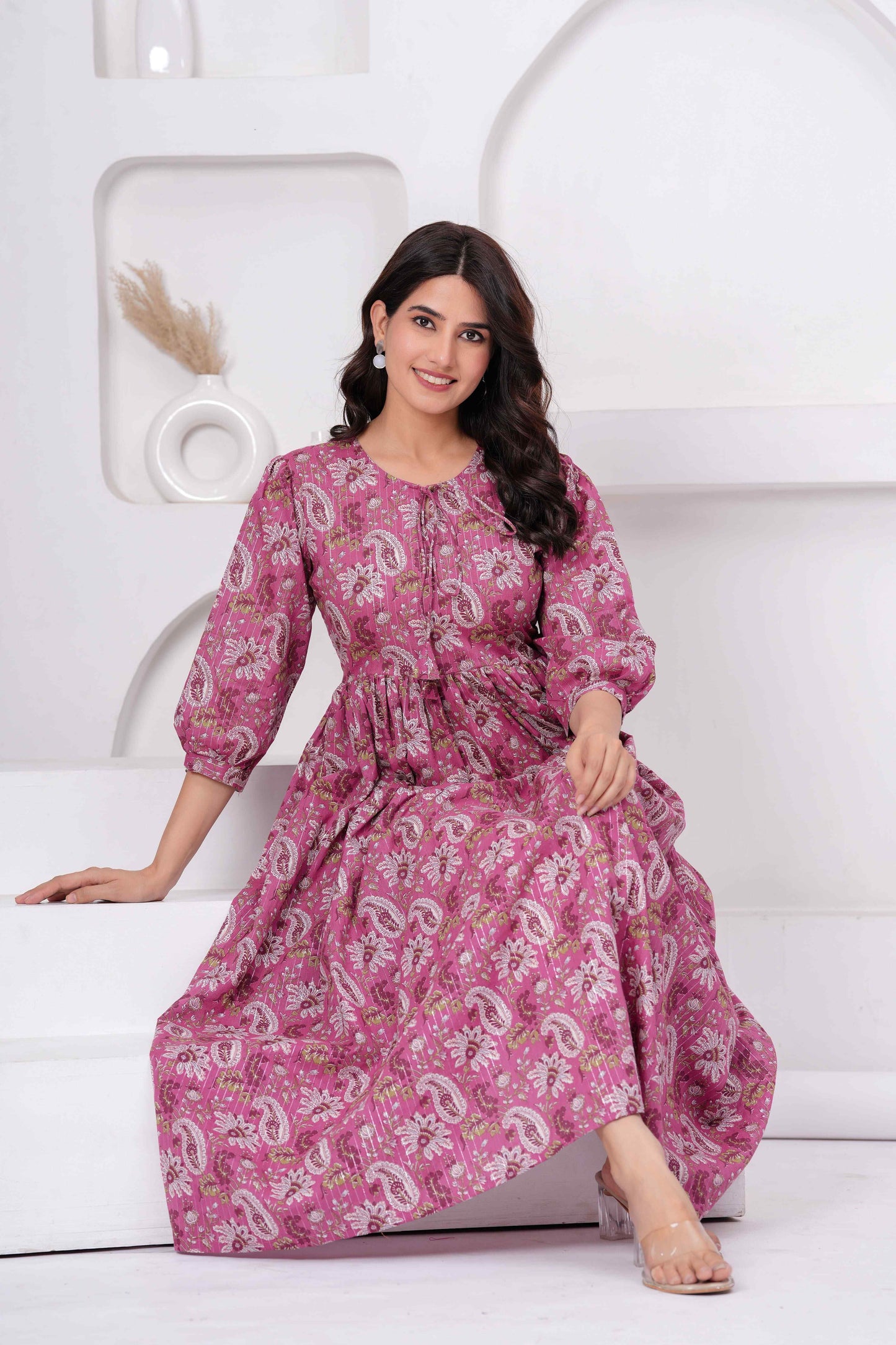 Floral Printed Tie-Up Neck Cotton Fit And Flare Ethnic Dress