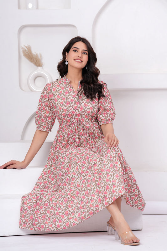 Floral Printed Mandarin Collar Cotton Fit And Flare Ethnic Dress