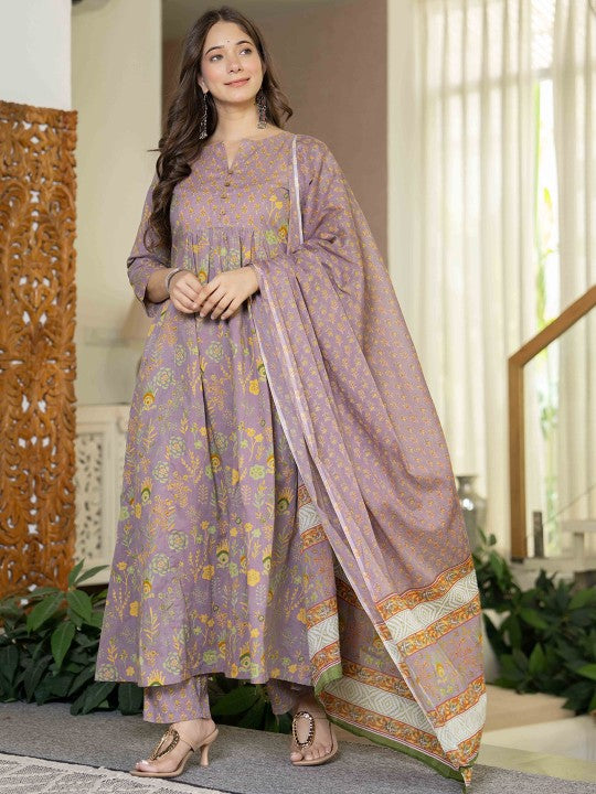 Women Floral Printed Cotton Kurta with Trousers & Dupatta