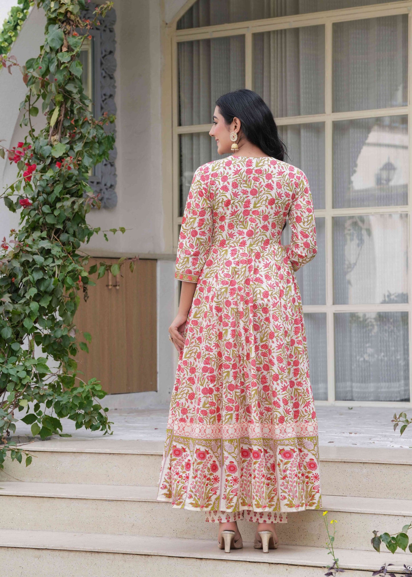White Floral Printed Anarkali Kurta Set with Dupatta