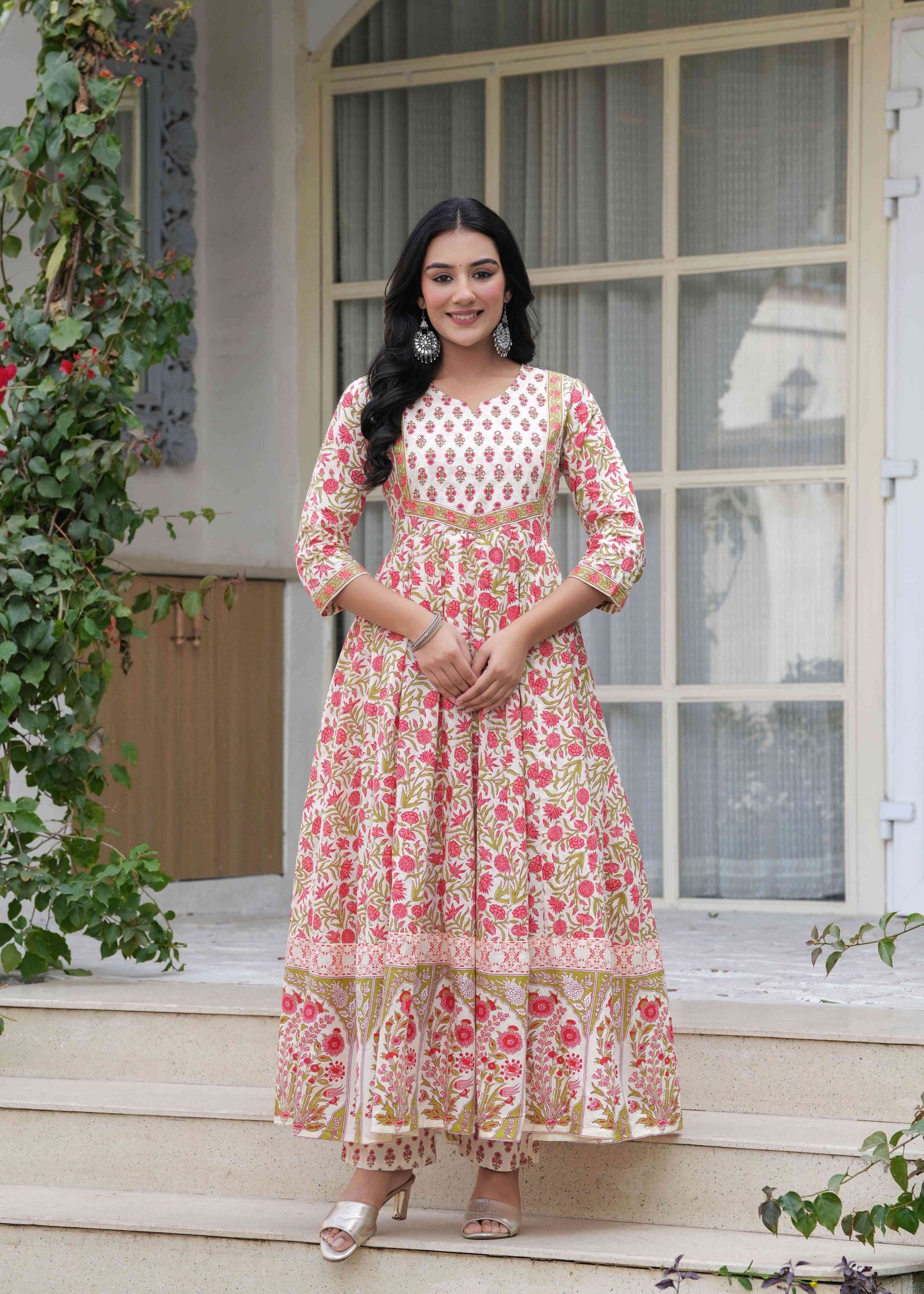 White Floral Printed Anarkali Kurta Set with Dupatta