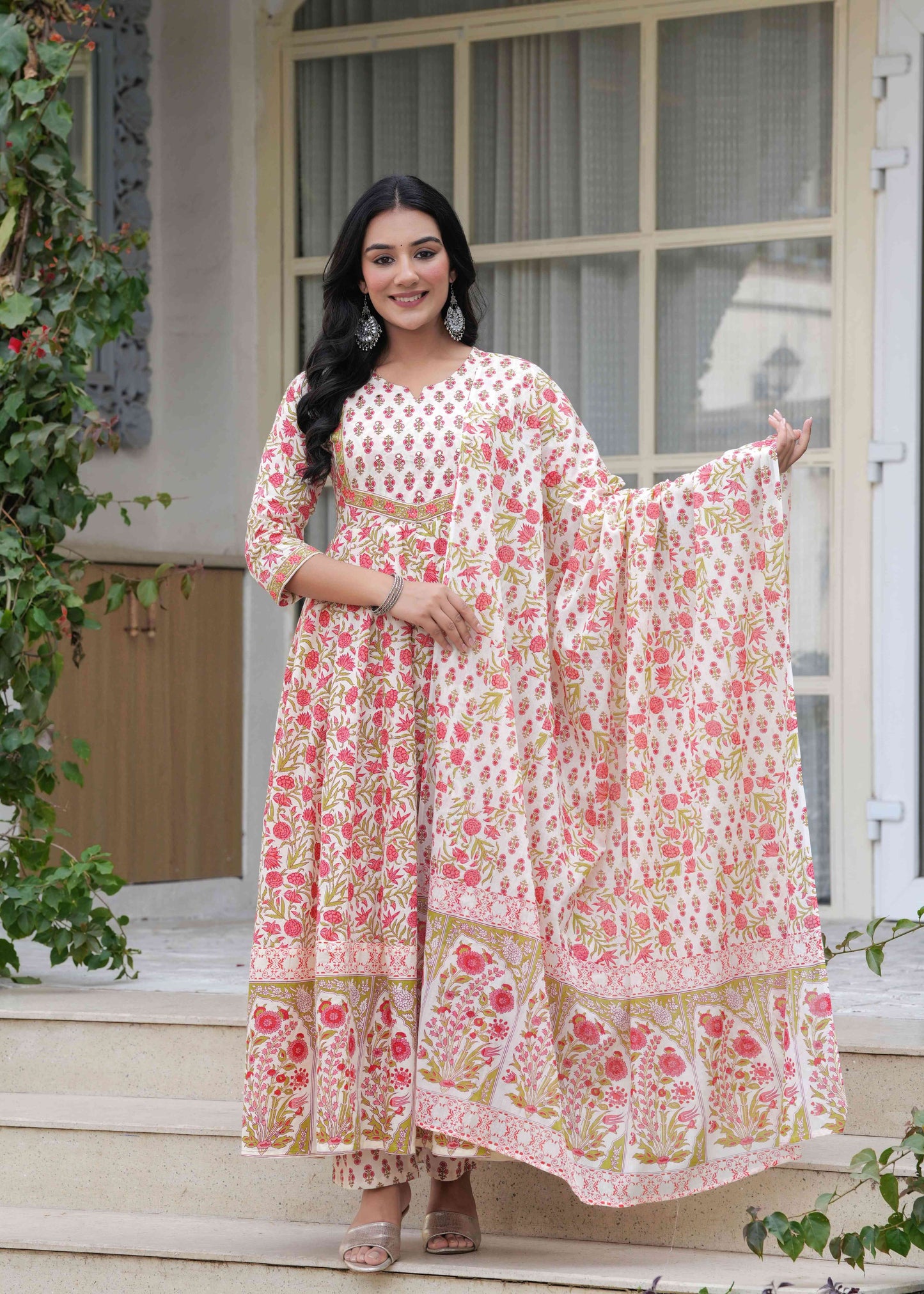 White Floral Printed Anarkali Kurta Set with Dupatta