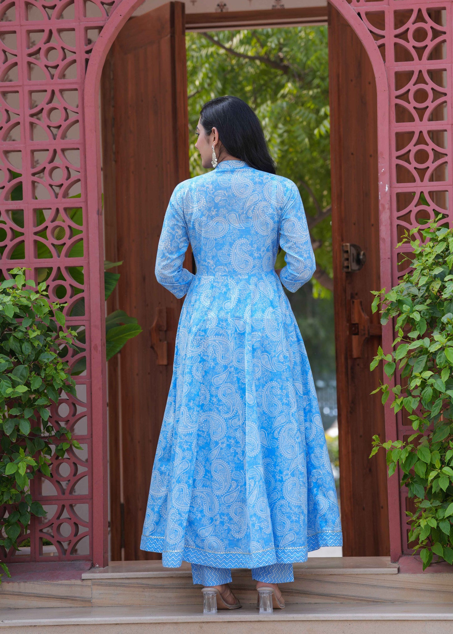 Blue Floral Printed Anarkali Kurta Set with Dupatta