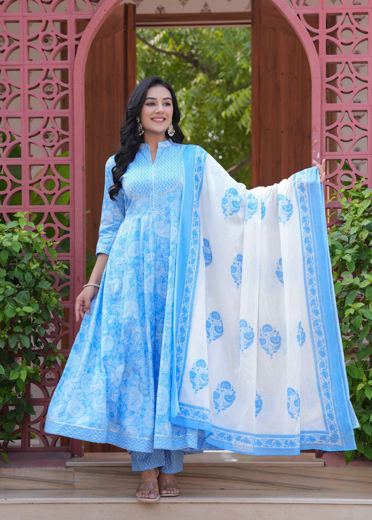 Blue Floral Printed Anarkali Kurta Set with Dupatta
