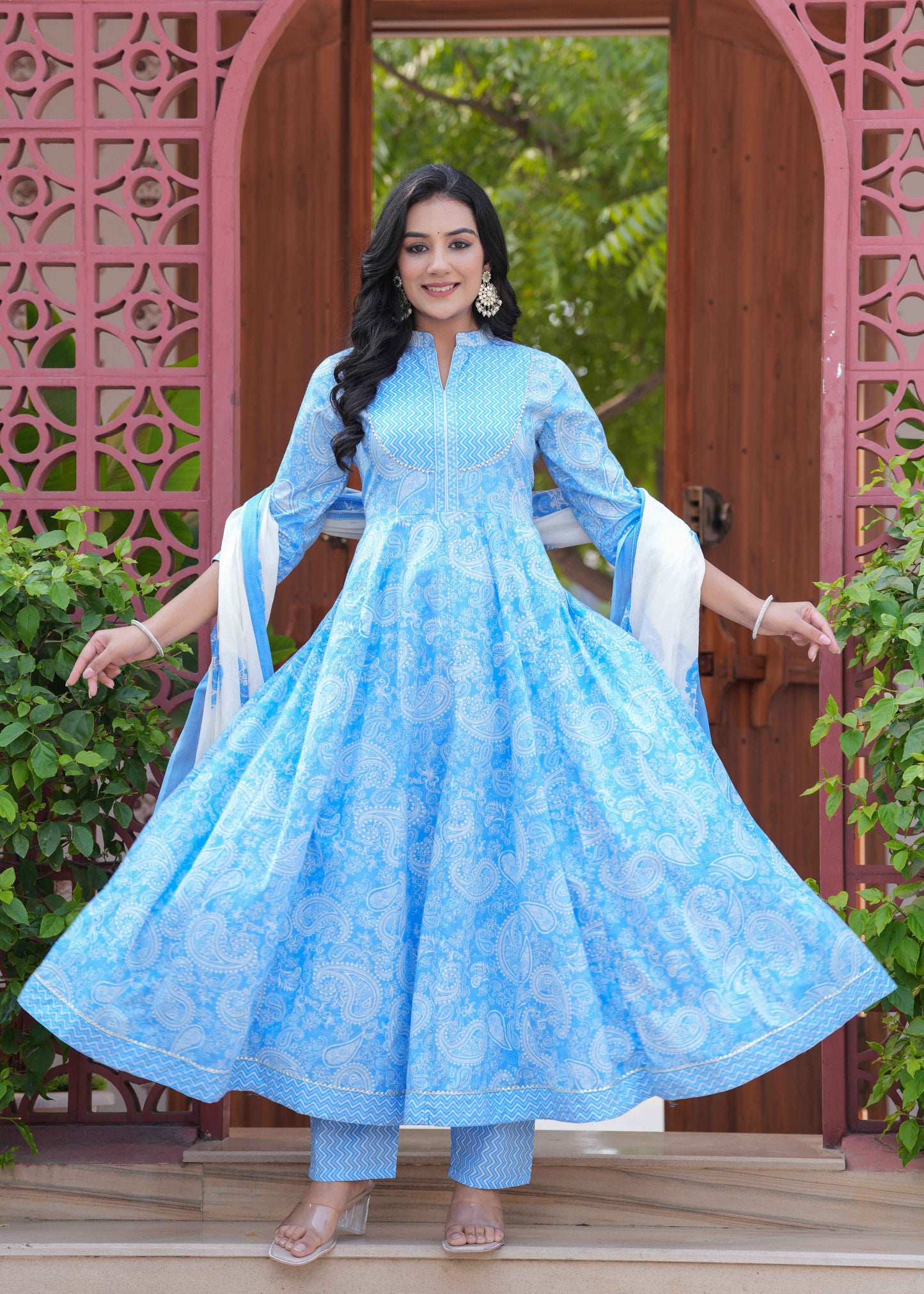 Blue Floral Printed Anarkali Kurta Set with Dupatta