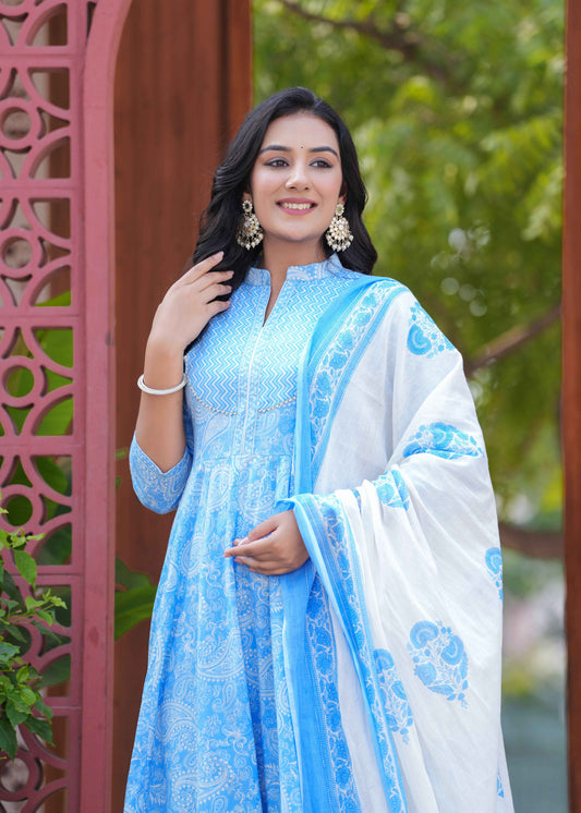 Blue Floral Printed Anarkali Kurta Set with Dupatta