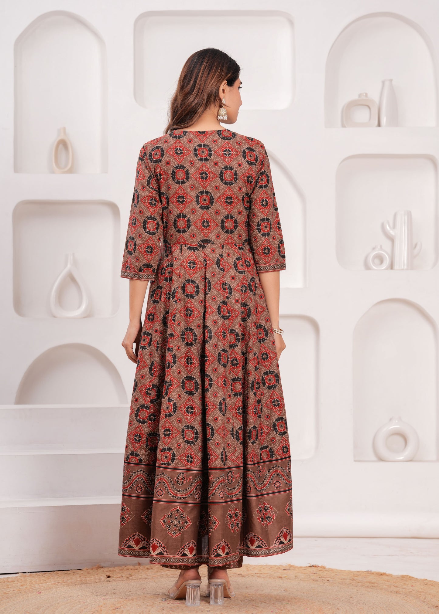 Brown Floral Printed Anarkali Kurta Set with Dupatta