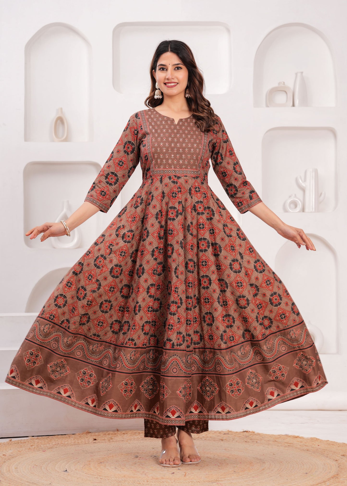 Brown Floral Printed Anarkali Kurta Set with Dupatta