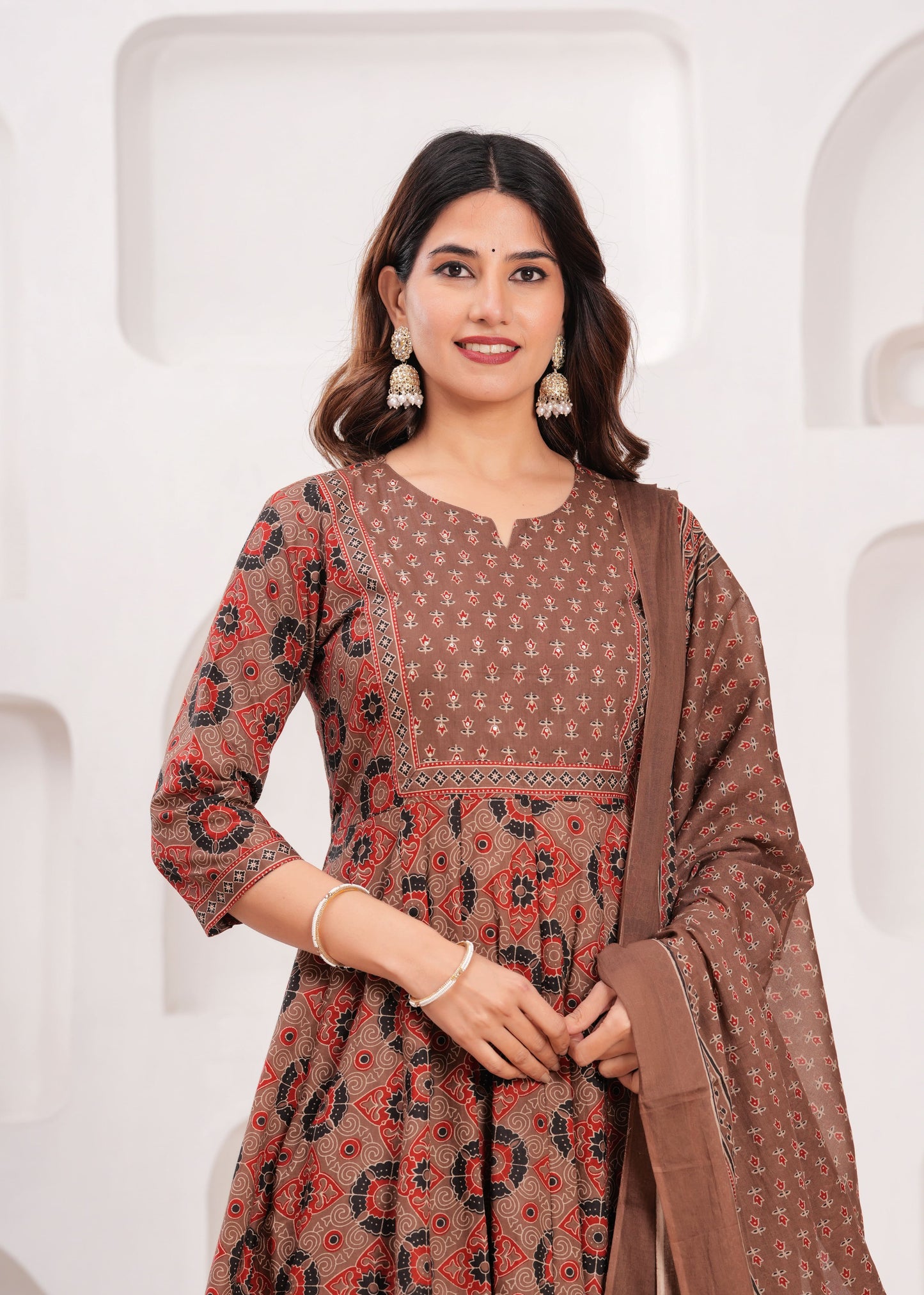 Brown Floral Printed Anarkali Kurta Set with Dupatta