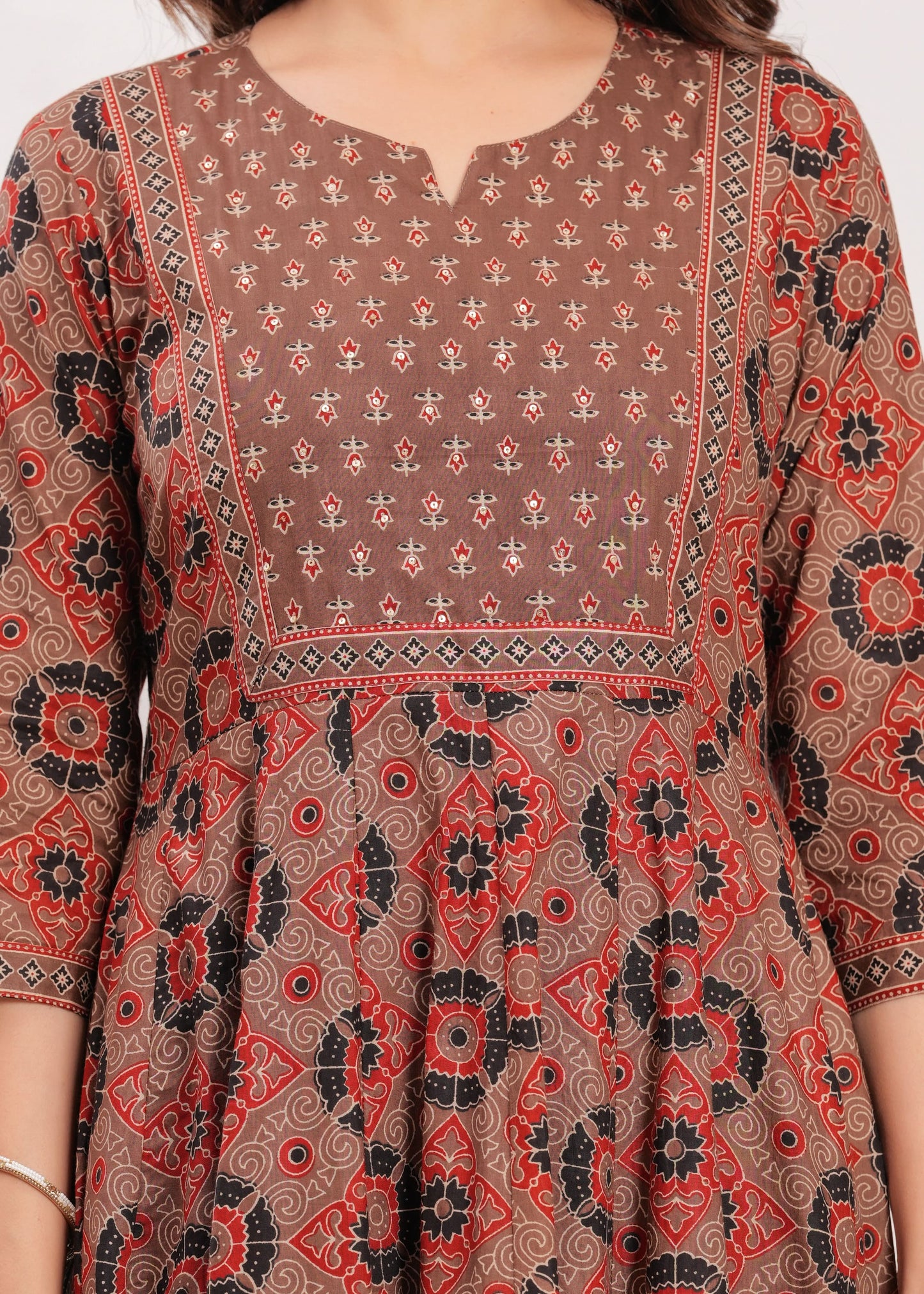 Brown Floral Printed Anarkali Kurta Set with Dupatta