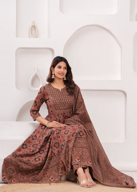 Brown Floral Printed Anarkali Kurta Set with Dupatta