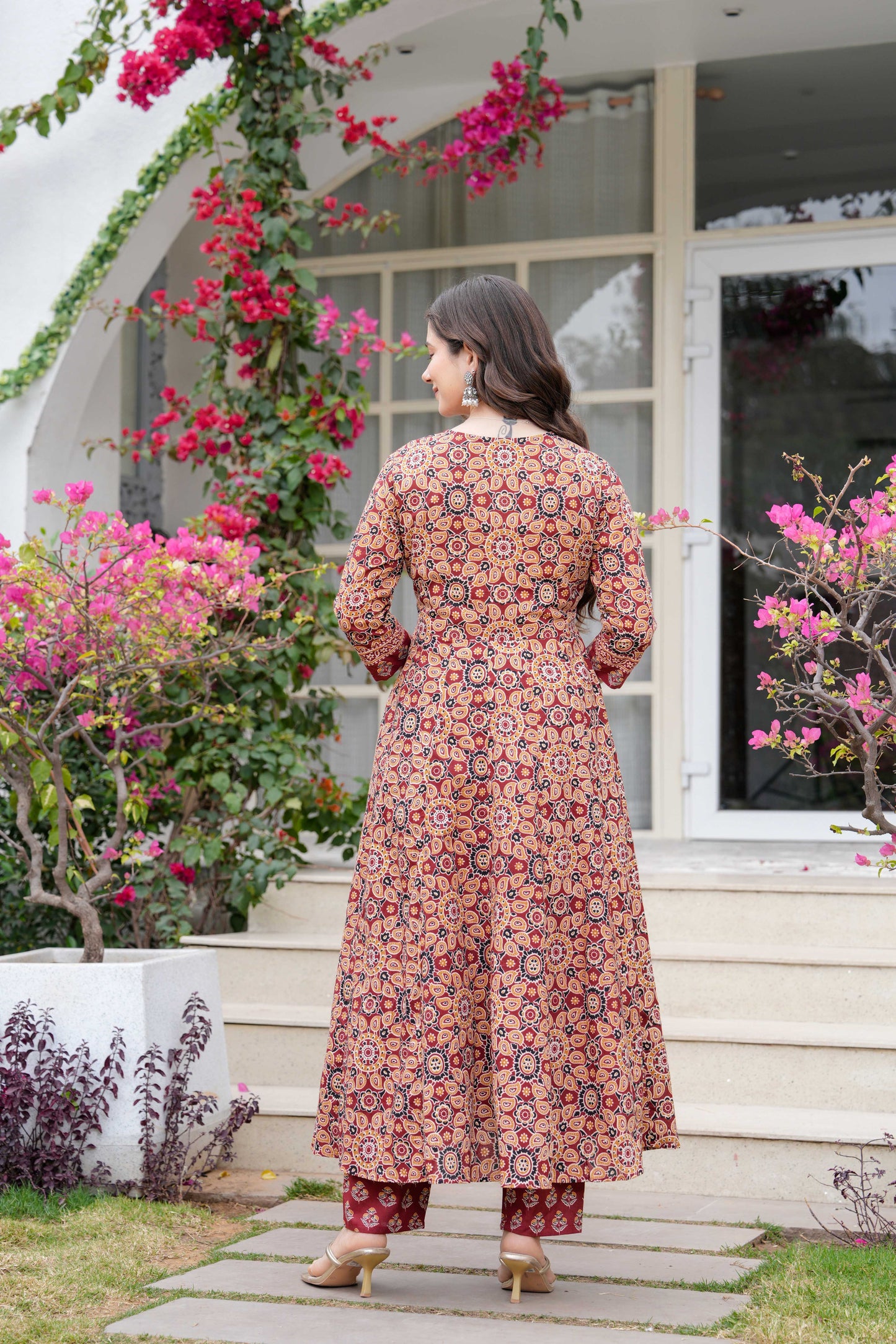 Maroon Floral Printed Anarkali Kurta Set with Dupatta