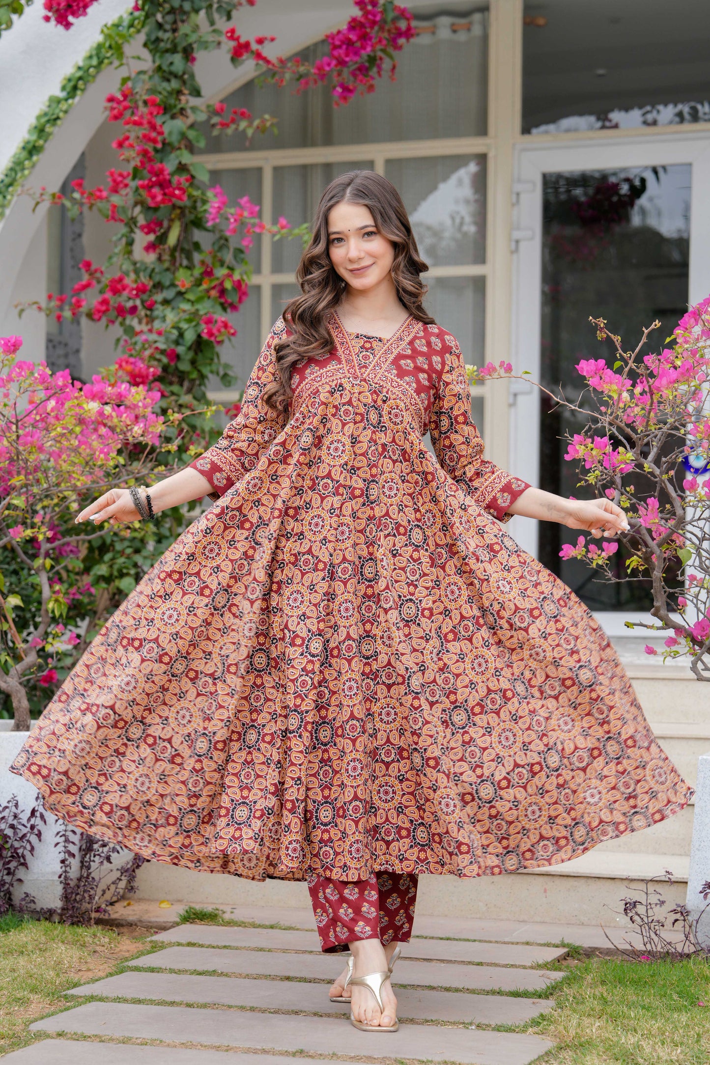 Maroon Floral Printed Anarkali Kurta Set with Dupatta