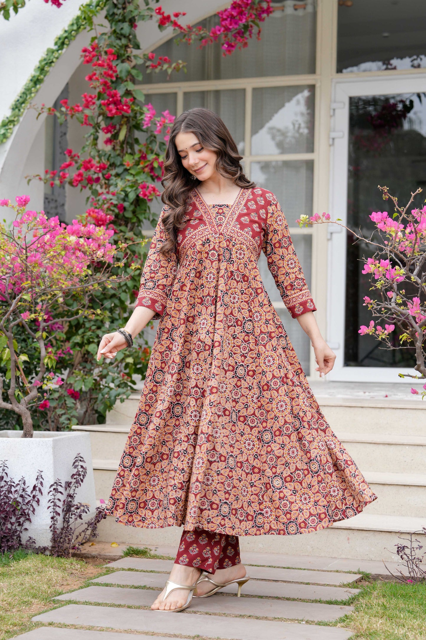 Maroon Floral Printed Anarkali Kurta Set with Dupatta
