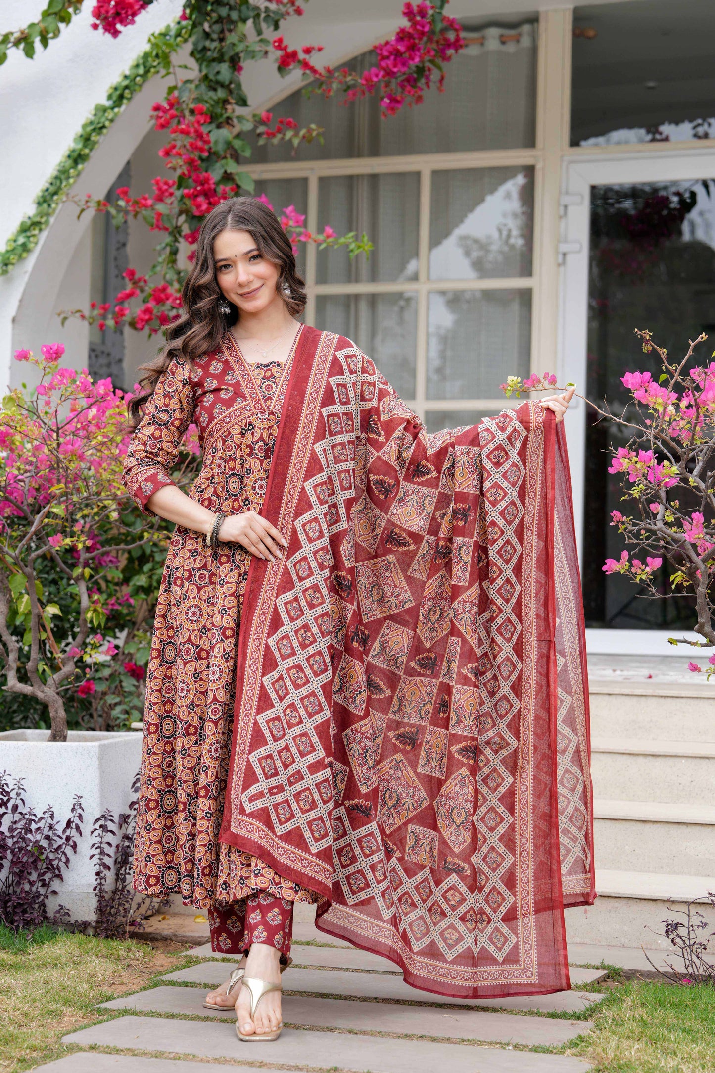 Maroon Floral Printed Anarkali Kurta Set with Dupatta