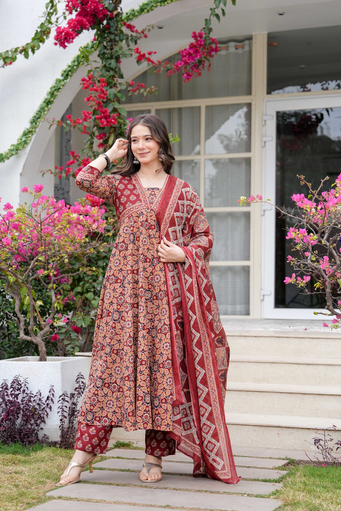 Maroon Floral Printed Anarkali Kurta Set with Dupatta