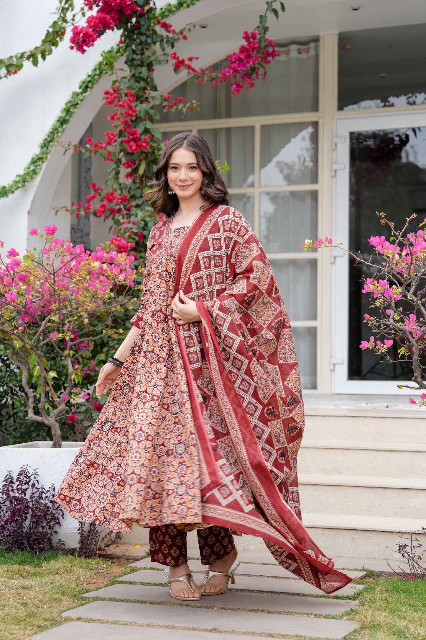 Maroon Floral Printed Anarkali Kurta Set with Dupatta