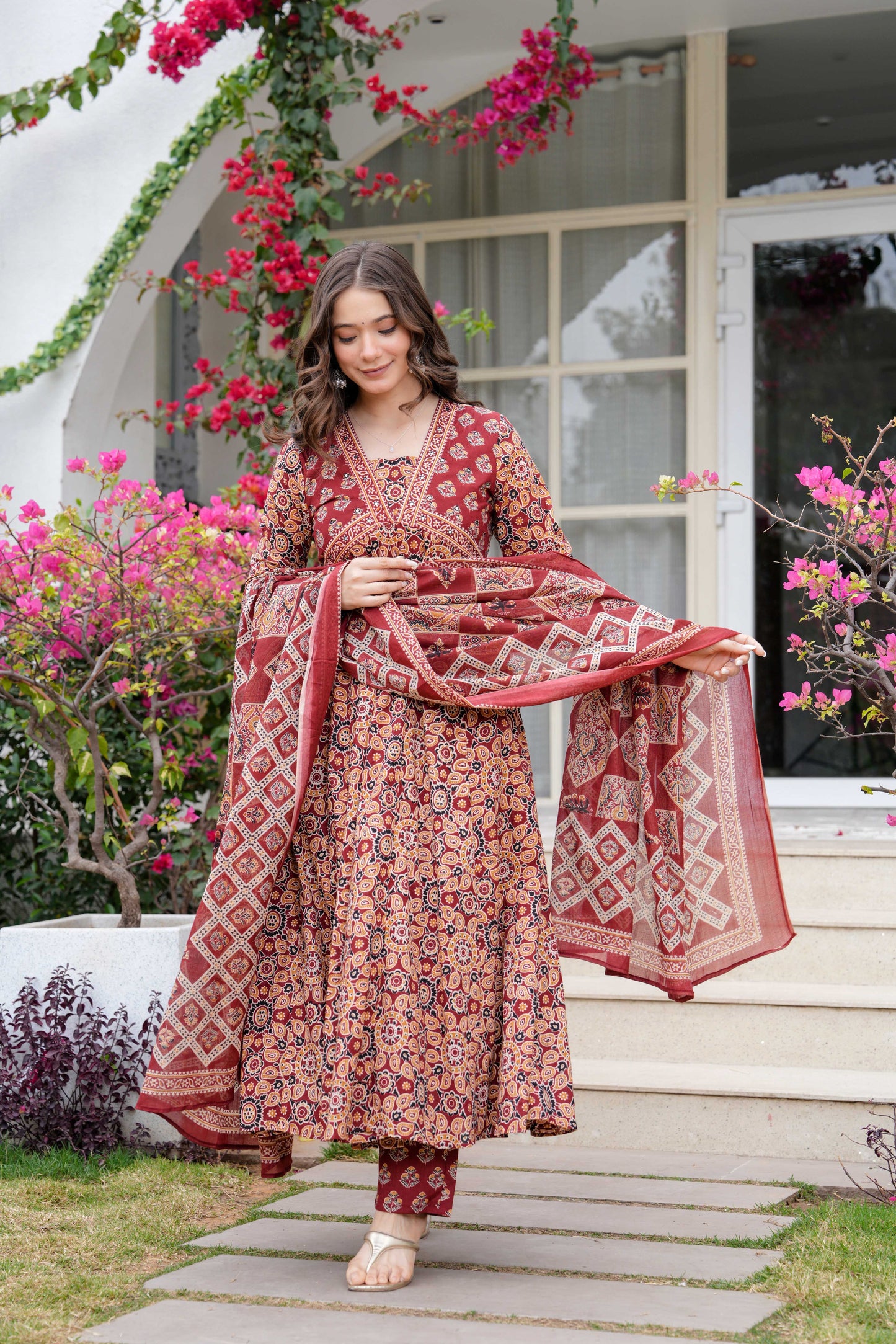 Maroon Floral Printed Anarkali Kurta Set with Dupatta