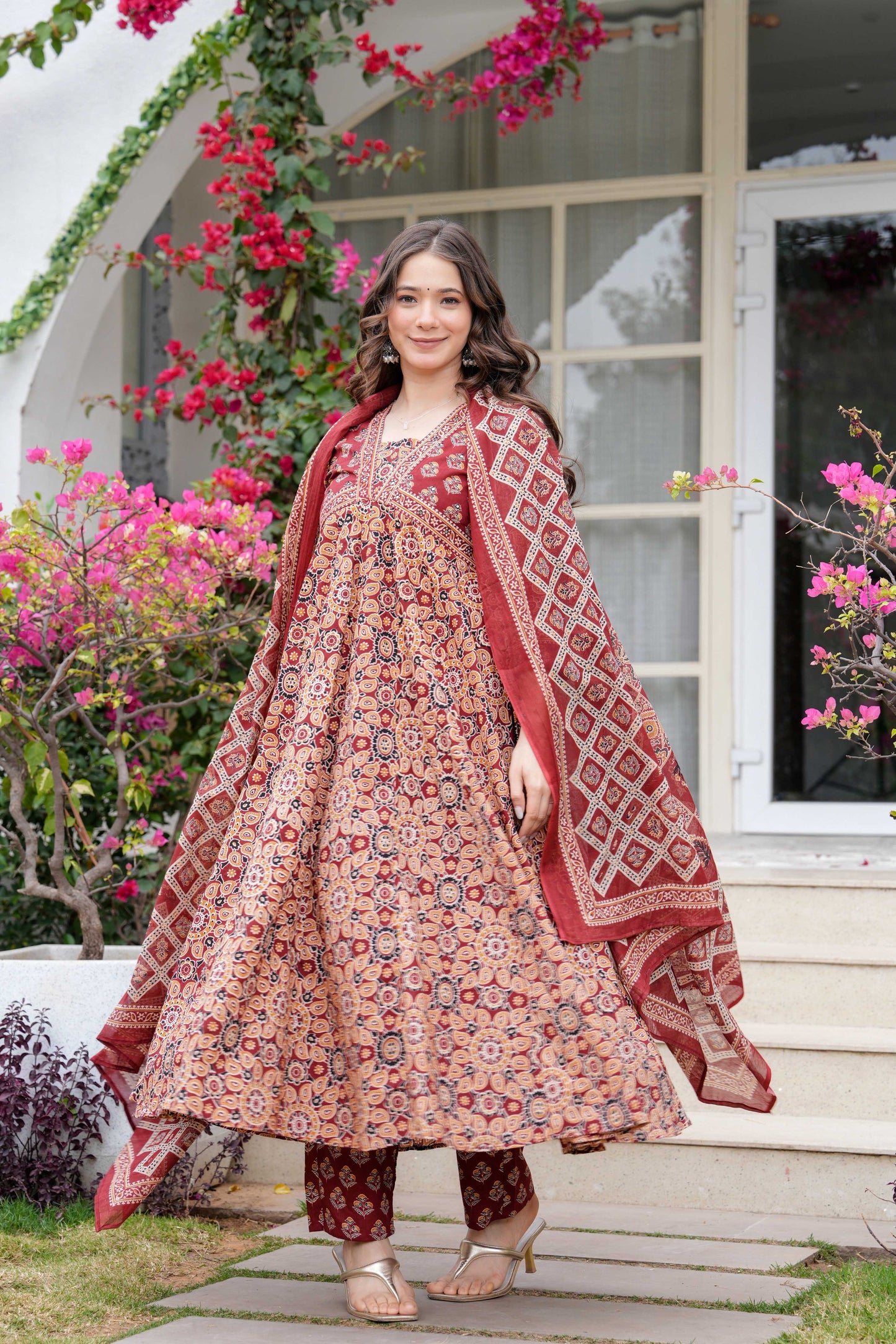 Maroon Floral Printed Anarkali Kurta Set with Dupatta