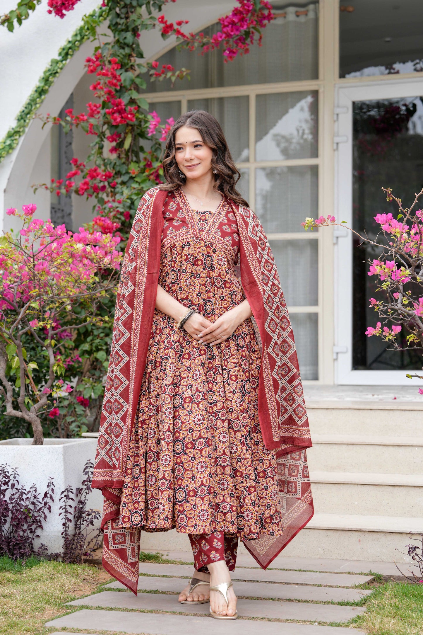 Maroon Floral Printed Anarkali Kurta Set with Dupatta