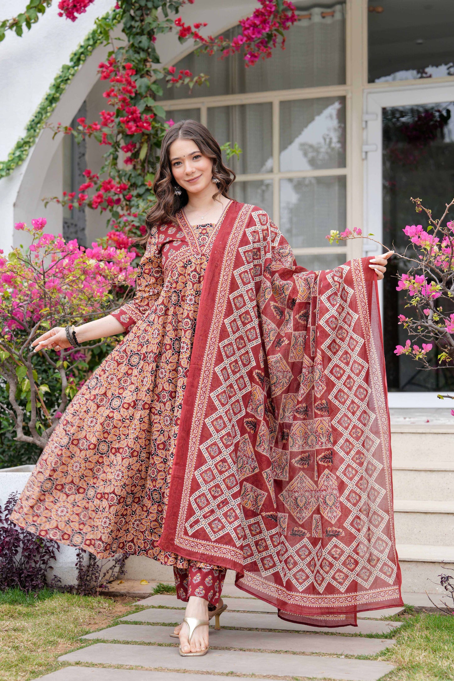 Maroon Floral Printed Anarkali Kurta Set with Dupatta