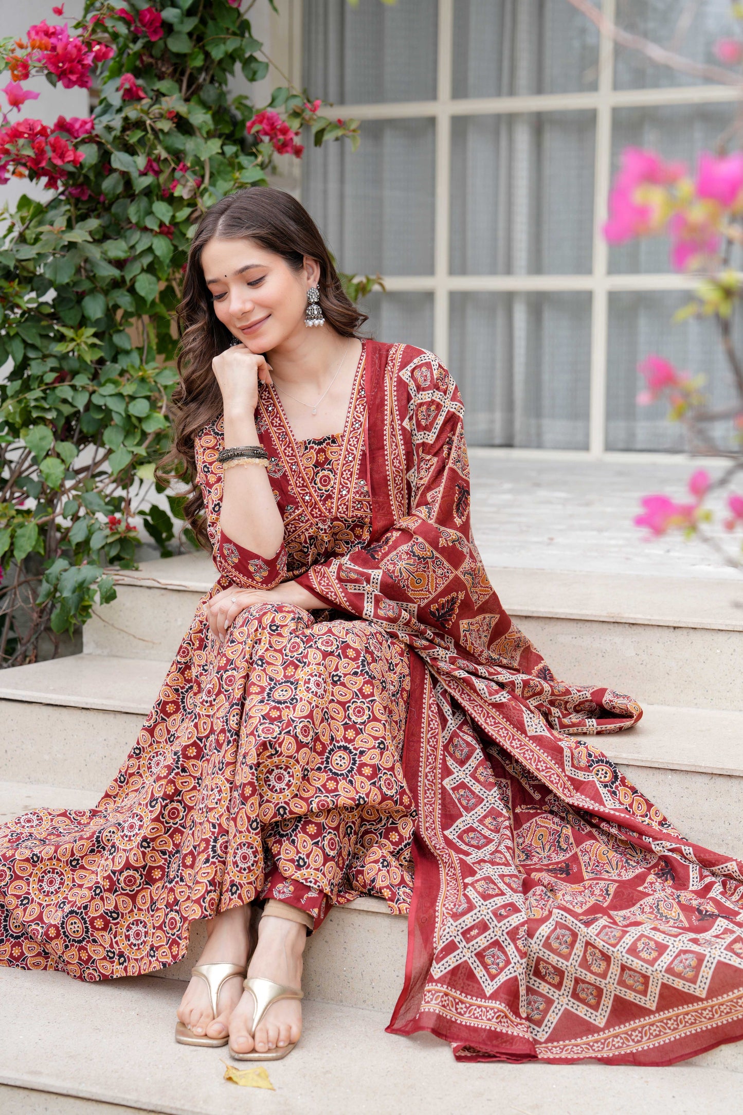 Maroon Floral Printed Anarkali Kurta Set with Dupatta