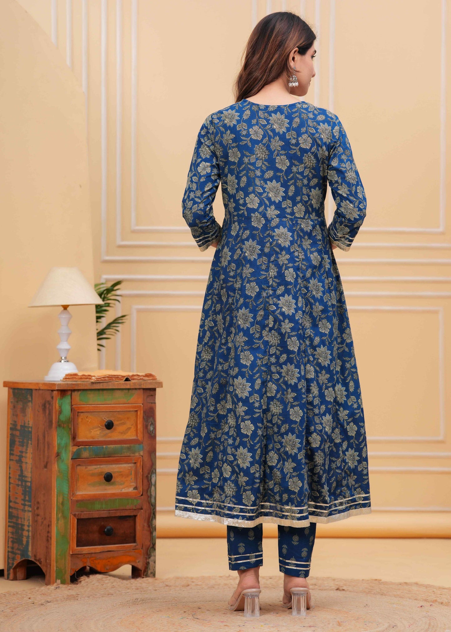 Blue Floral Printed Anarkali Kurta Set with Dupatta