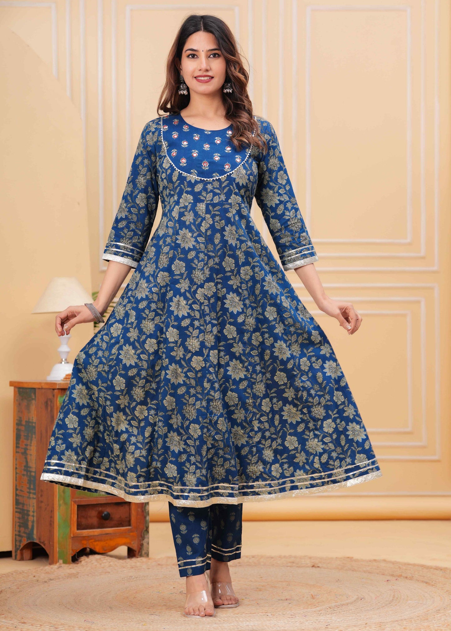 Blue Floral Printed Anarkali Kurta Set with Dupatta