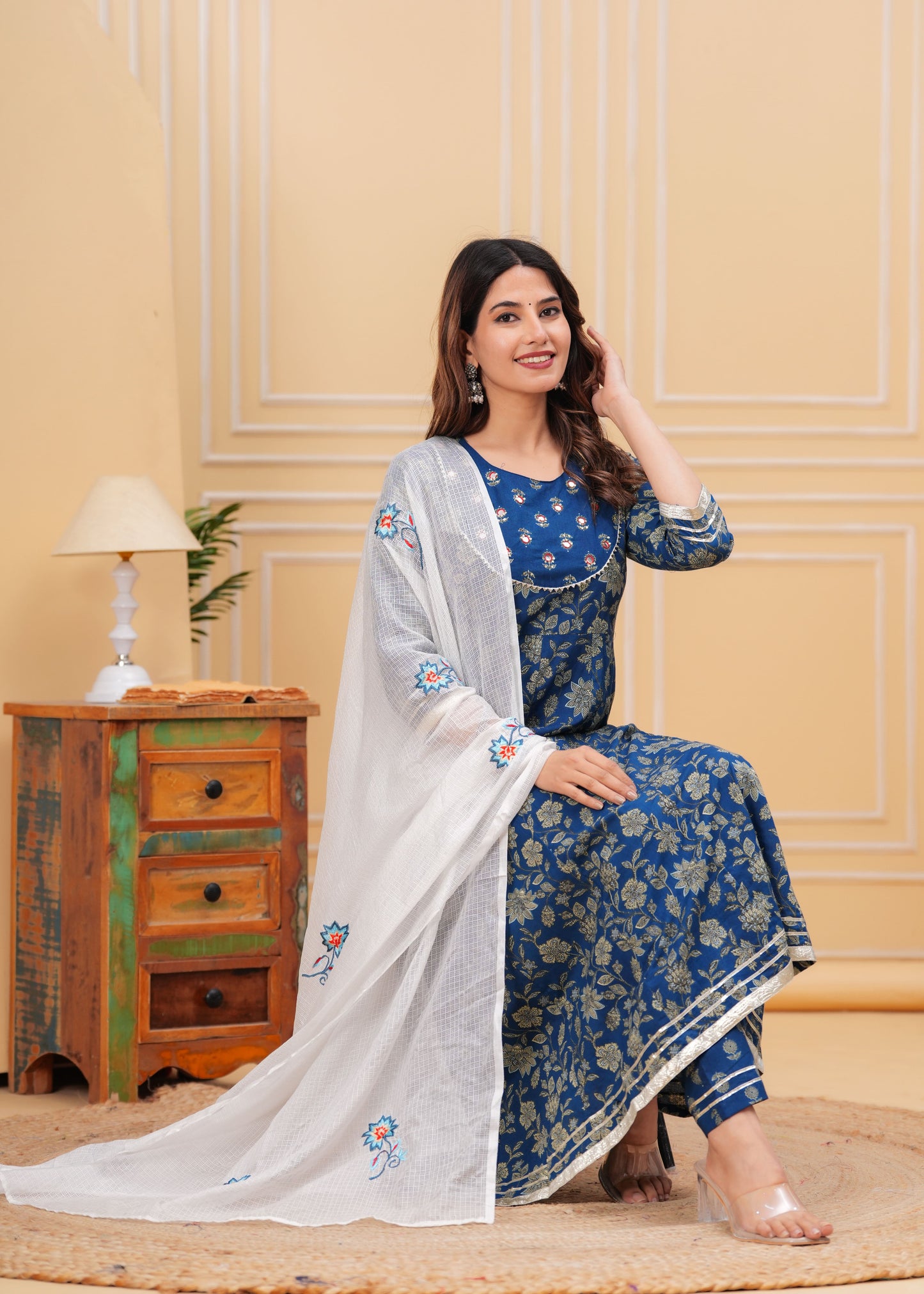 Blue Floral Printed Anarkali Kurta Set with Dupatta