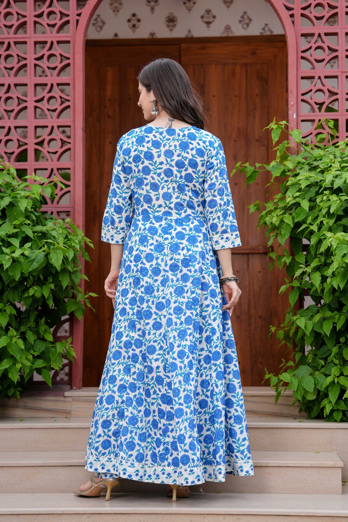 Blue Floral Printed Anarkali Kurta Set with Dupatta