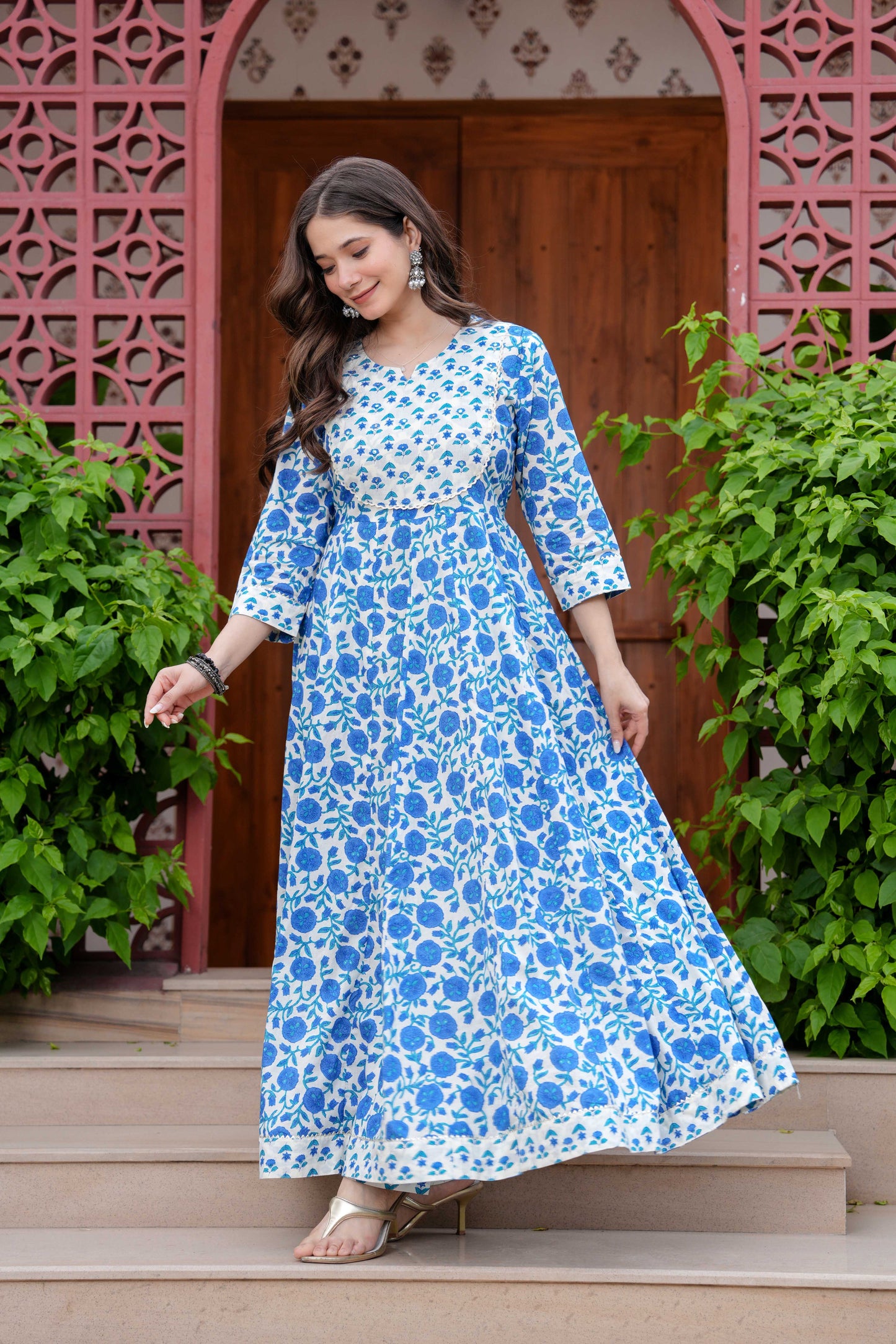 Blue Floral Printed Anarkali Kurta Set with Dupatta