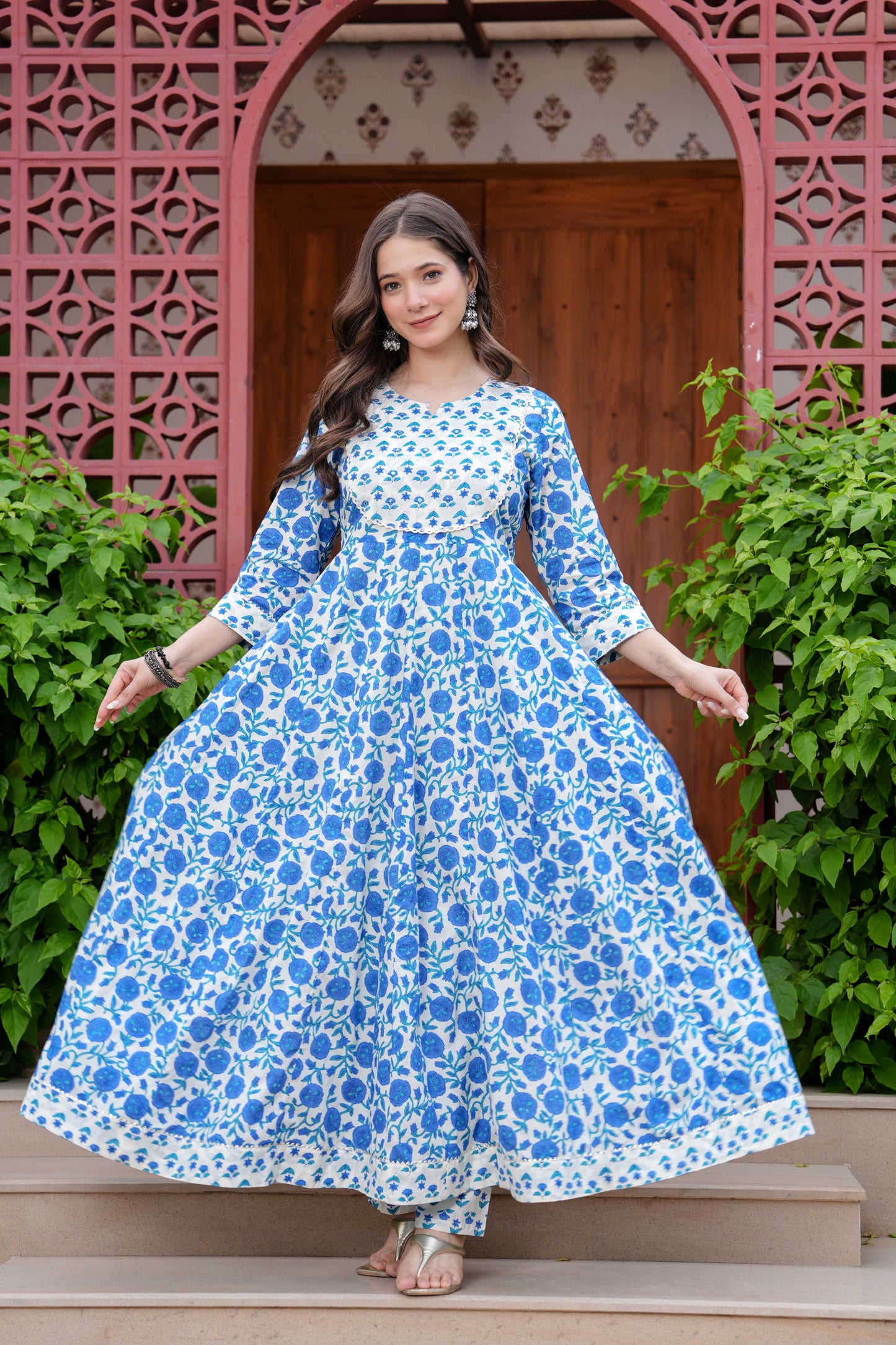 Blue Floral Printed Anarkali Kurta Set with Dupatta