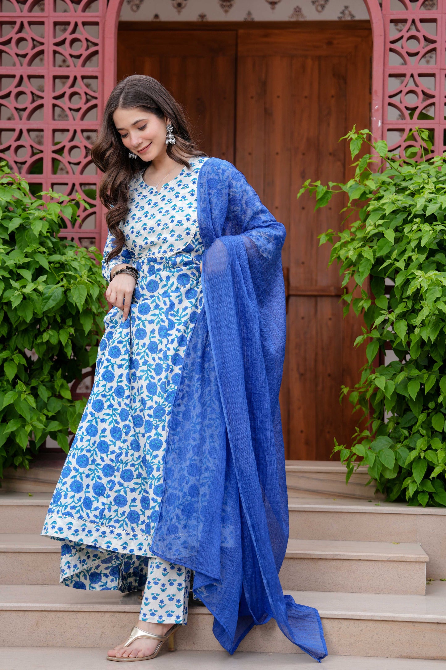 Blue Floral Printed Anarkali Kurta Set with Dupatta