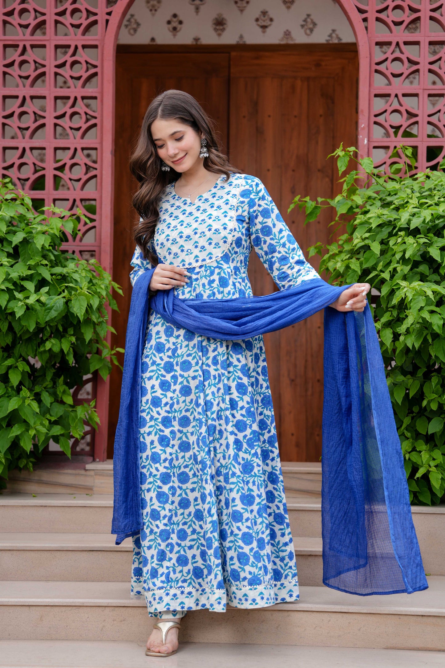 Blue Floral Printed Anarkali Kurta Set with Dupatta
