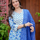 Blue Floral Printed Anarkali Kurta Set with Dupatta