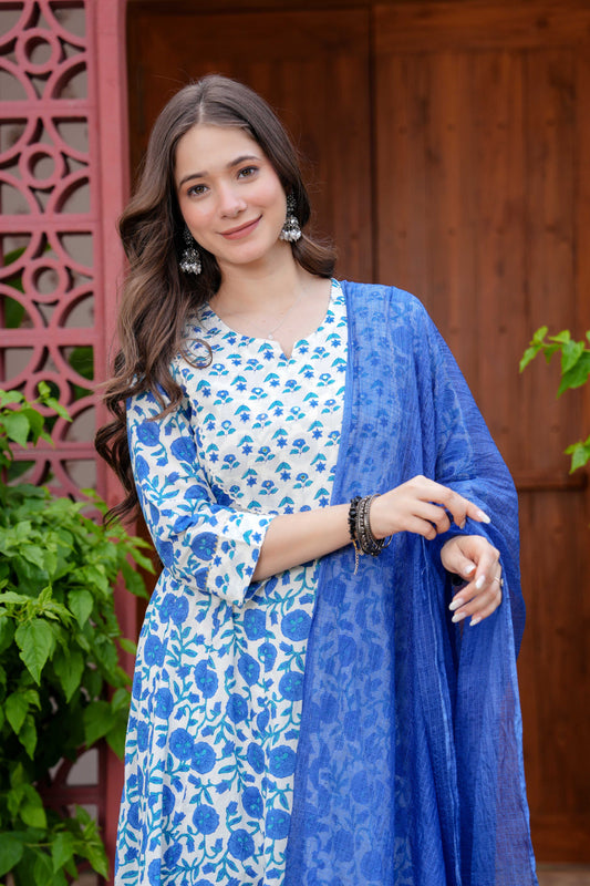 Blue Floral Printed Anarkali Kurta Set with Dupatta