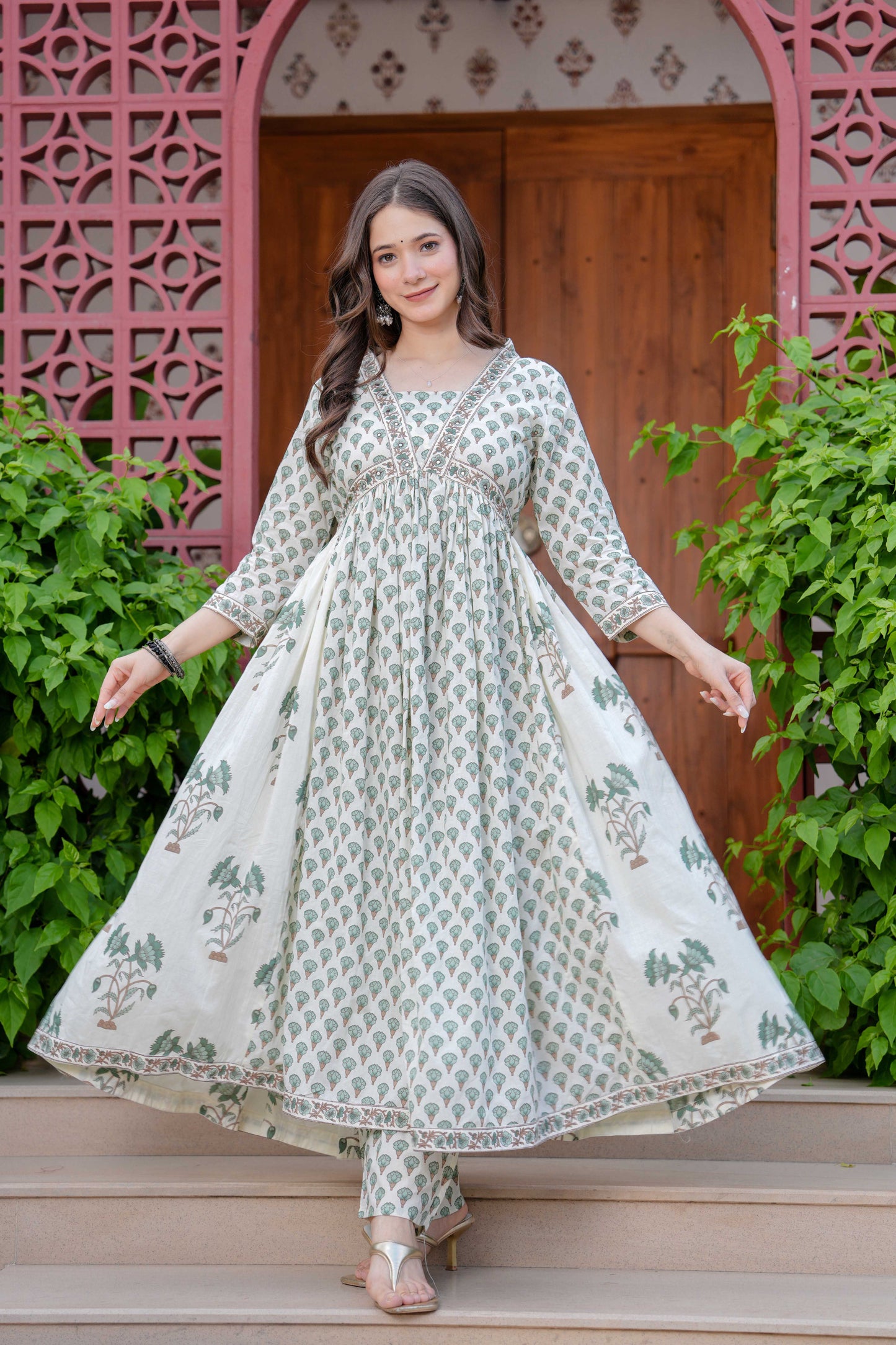 Off-White Floral Printed Anarkali Kurta Set with Dupatta